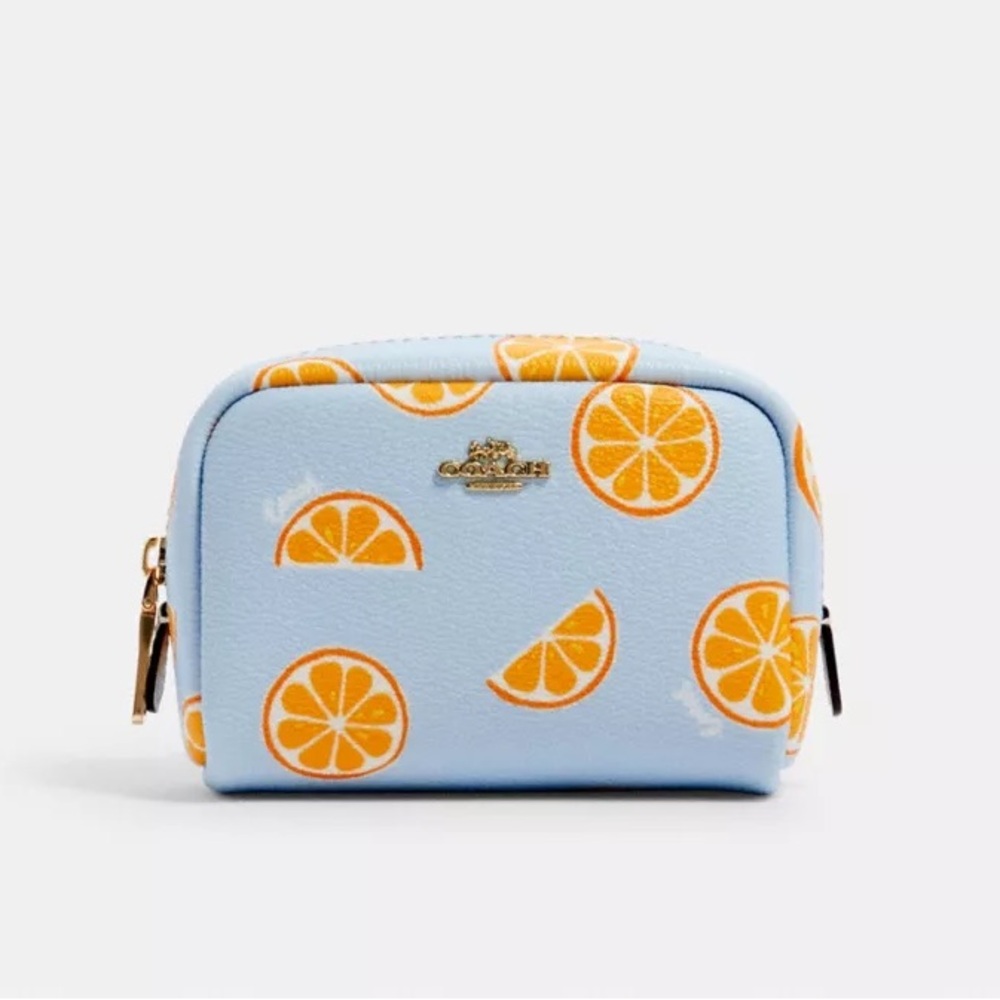 Coach mini boxy cosmetic case with orange print